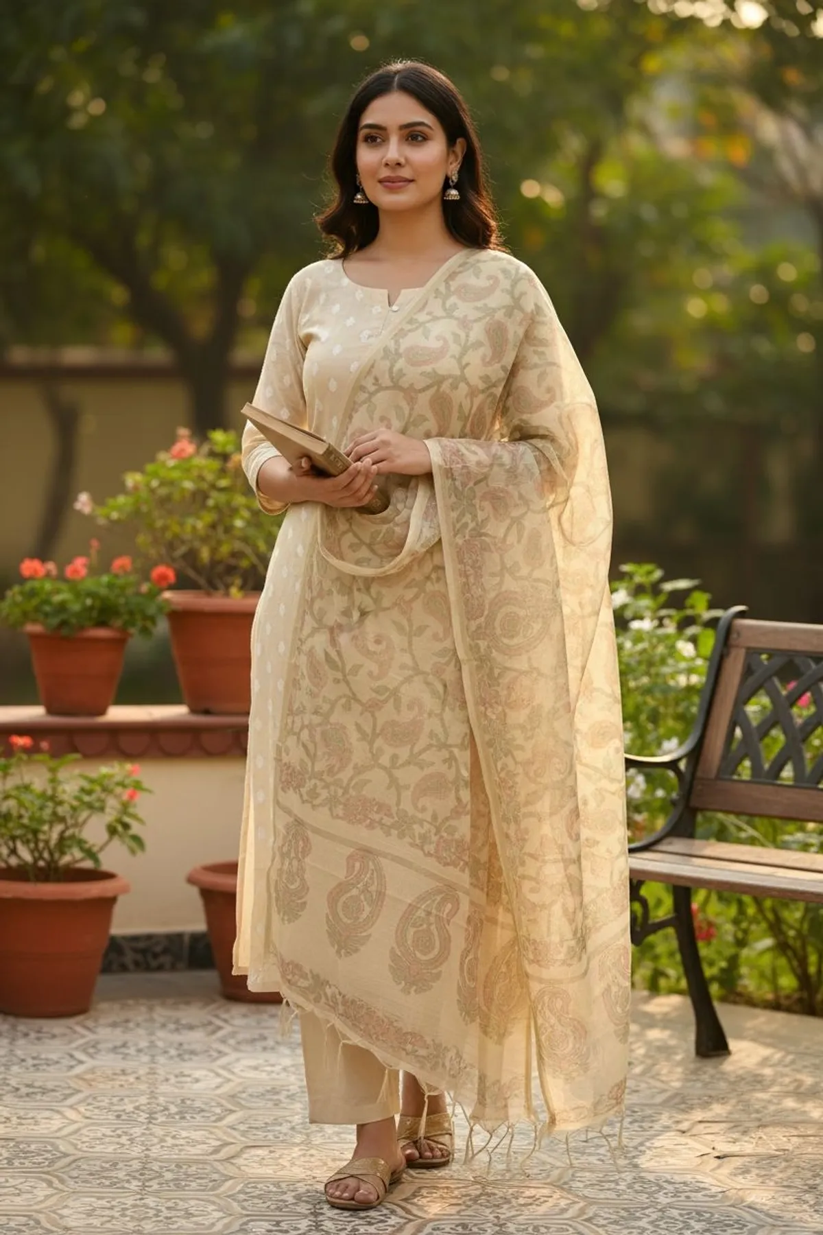 Banarasi Suits – Chanderi Buti with Tie-Dye Dupatta – Golden